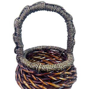 Vintage Round Basket Woven Handcrafted Brown Rattan Wicker Twisted Rope Handle